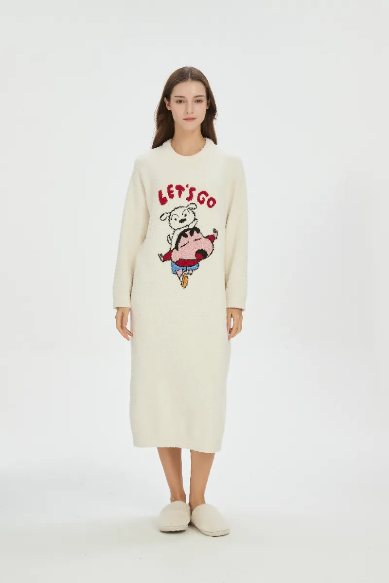 여성용 베이지 컬러 플란넬 나이트드레스